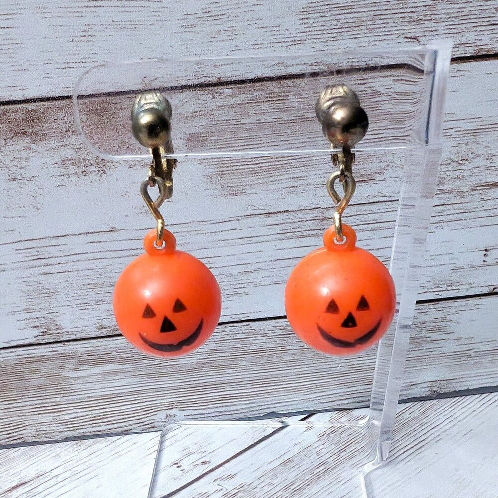 Vintage Clip On Earrings - Halloween Pumpkin Ball Dangle